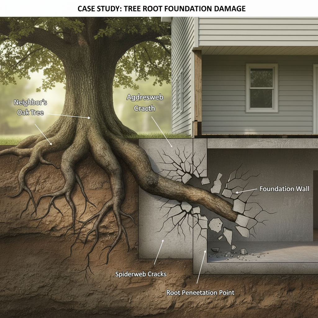 Illustration for Real Case: Foundation Damage From Tree Roots in Tree Damage From Neighbor: Your Legal Rights Guide