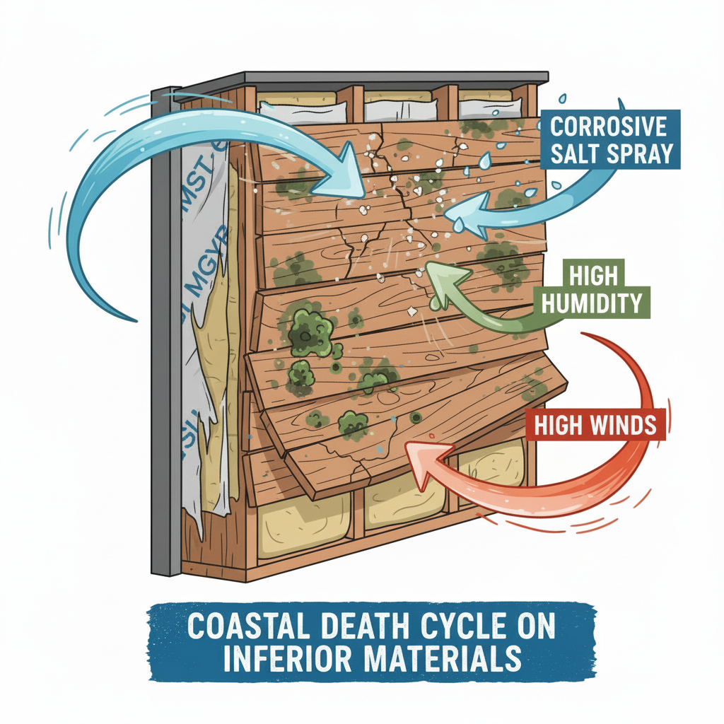 Illustration for What Makes Coastal Environments So Destructive to Siding? in Best Coastal Siding: Salt & Storm Protection Guide