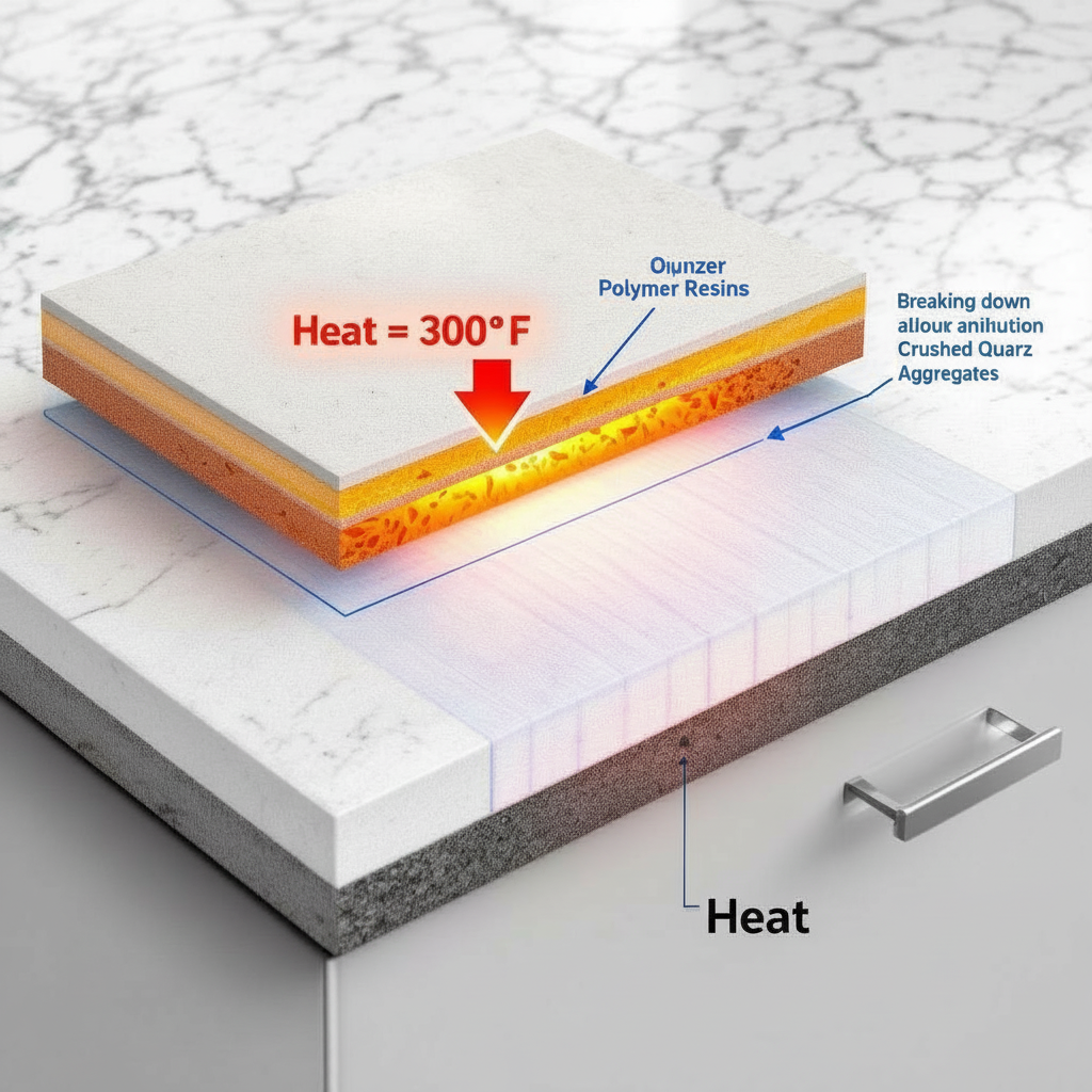 Illustration for What Temperature Destroys Quartz Countertops Permanently? in Hot Pans on Quartz? Our Pros Stop $3K Damage Daily