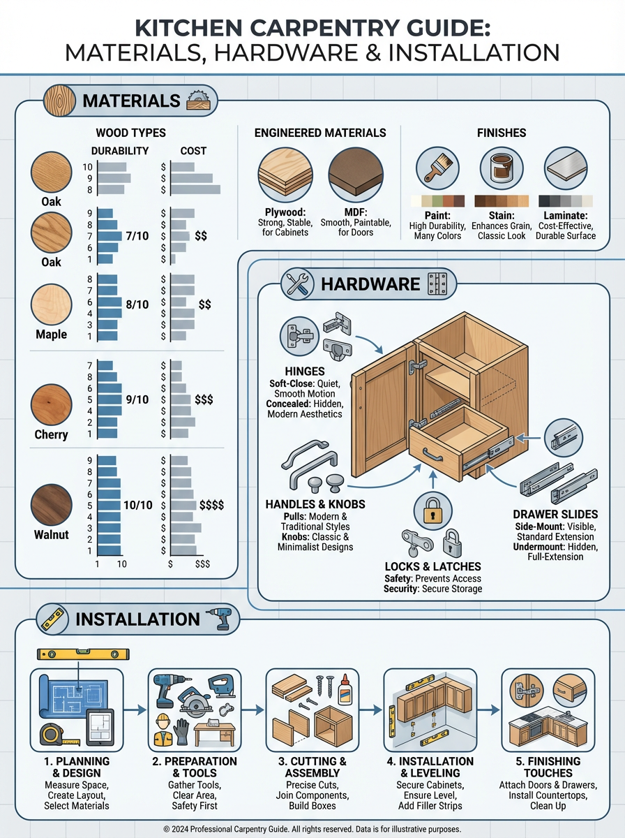 Infographic: Kitchen Carpentry Guide: Materials, Hardware & Installation