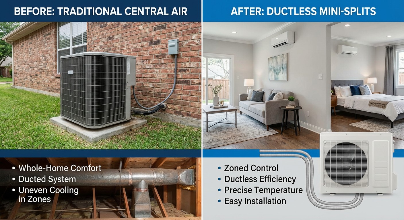 Choosing the Right HVAC System for Dallas Homes: Central Air vs. Ductless Mini-Splits - Comparing options for Choosing the Right HVAC System for Dallas Homes: Central Air vs. Ductless Mini-Splits