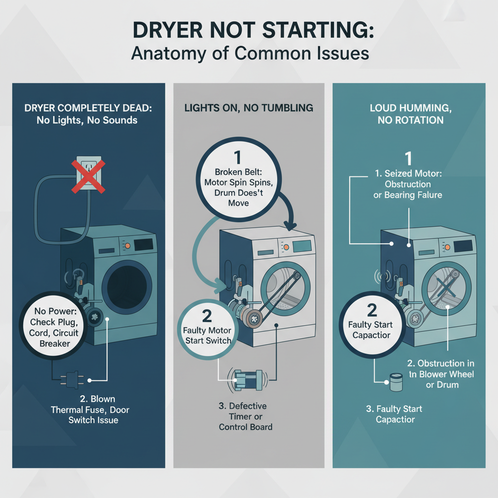 Dryer Not Starting (No Power or Not Tumbling) Troubleshooting & Fixes (2024 Guide) visual diagram