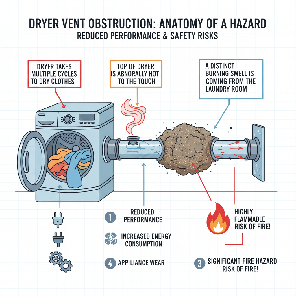 Dryer vent clogged or obstructed, leading to reduced performance, increased energy consumption, appliance wear, moisture issues, and significant fire hazards. Troubleshooting & Fixes (2024 Guide) visual diagram