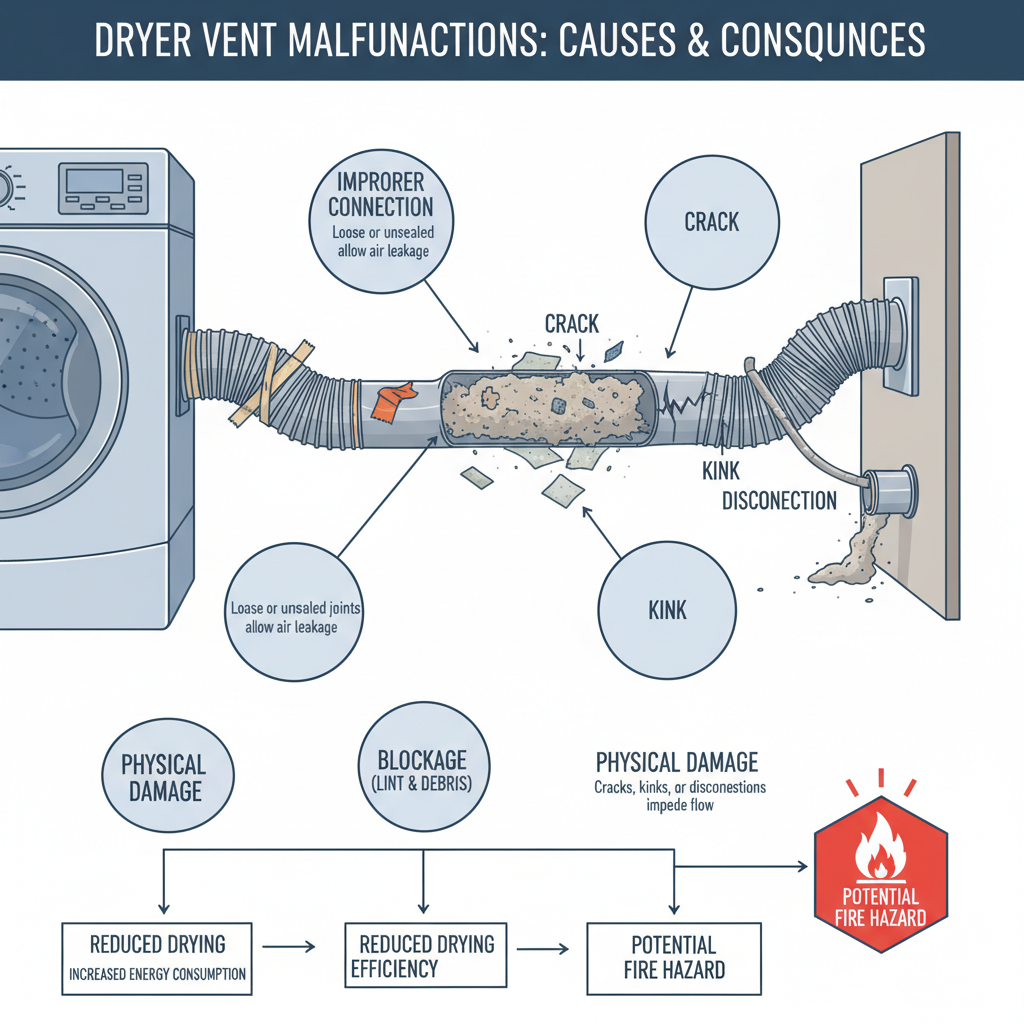 Dryer vent fitting issues, including improper connections, blockages (lint, debris), and physical damage (cracks, kinks, disconnections) leading to reduced drying efficiency, increased energy consumption, and potential fire hazards. Troubleshooting & Fixes visual diagram