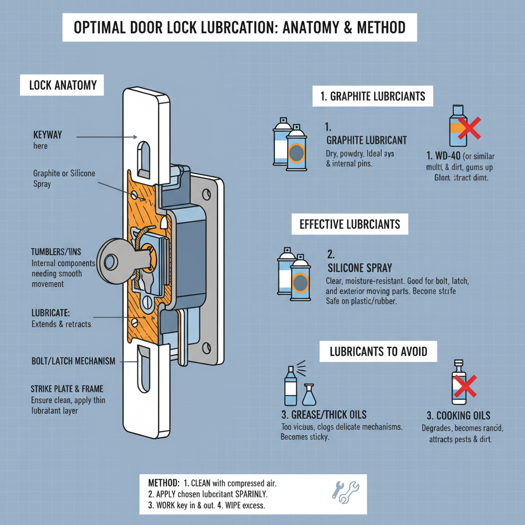 How to effectively lubricate a door lock mechanism to prevent sticking, freezing, and malfunctioning, and what types of lubricants to avoid. Troubleshooting & Fixes visual diagram