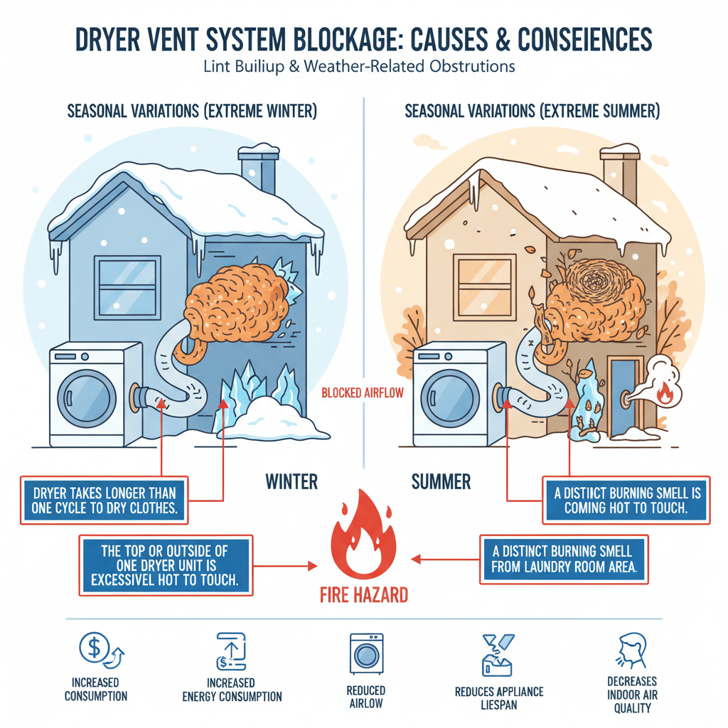 Reduced or blocked airflow in the dryer vent system, exacerbated by seasonal variations (especially extreme winter and summer conditions) and increased dryer usage, leading to lint buildup and weather-related blockages (ice, snow, debris). Troubleshooting & Fixes (2024 Guide) visual diagram
