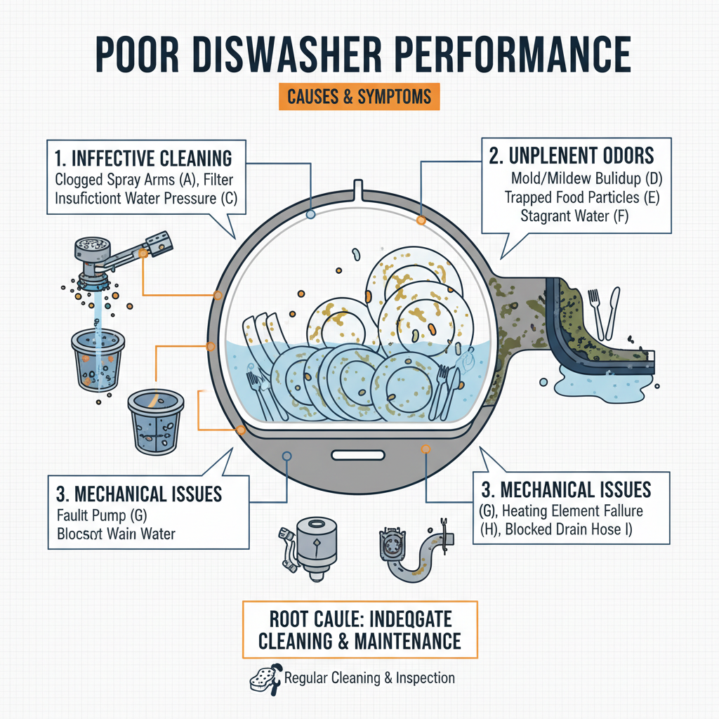 Poor dishwasher performance characterized by inability to clean dishes effectively, unpleasant odors, and potential mechanical issues, largely stemming from inadequate cleaning and maintenance practices. Troubleshooting & Fixes visual diagram