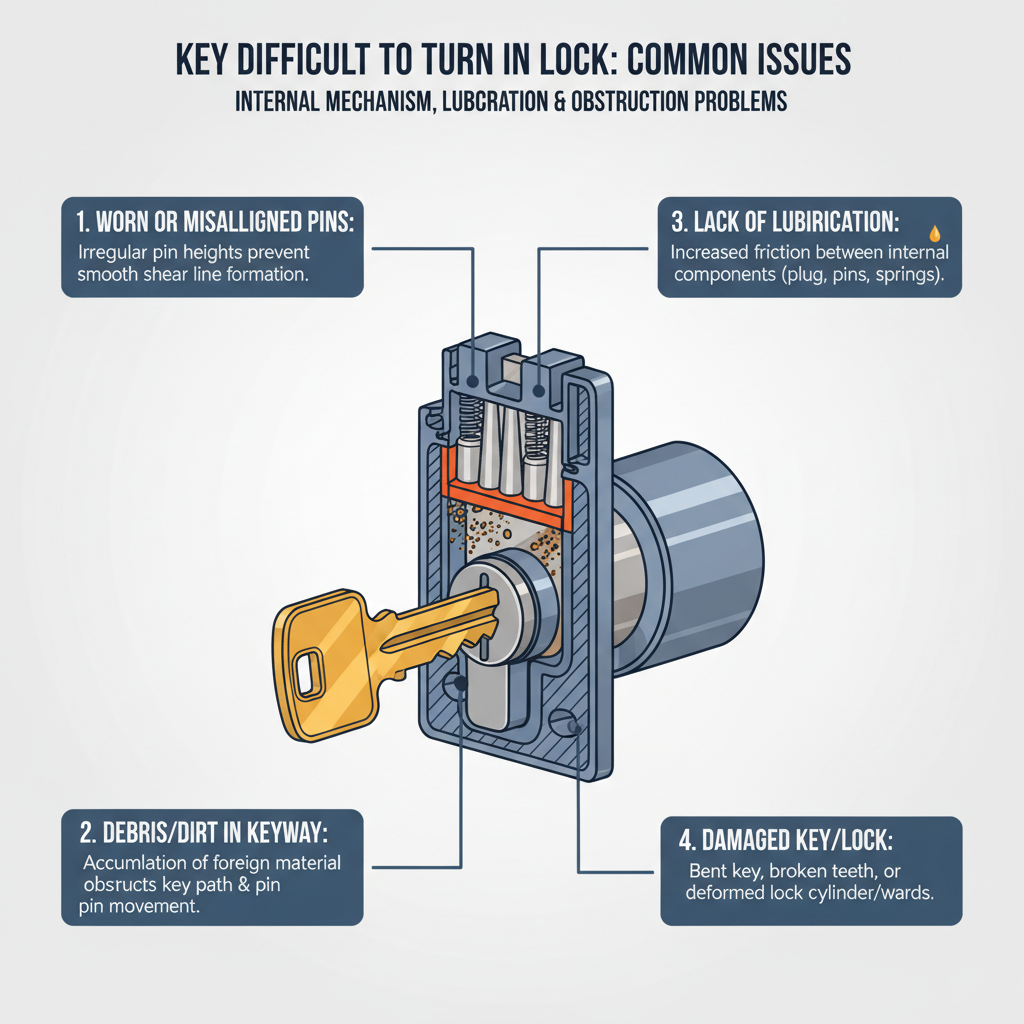 Key is stiff to turn or hard to turn in a door lock, potentially indicating internal mechanism issues, lubrication needs, or foreign object interference. Troubleshooting & Fixes visual diagram
