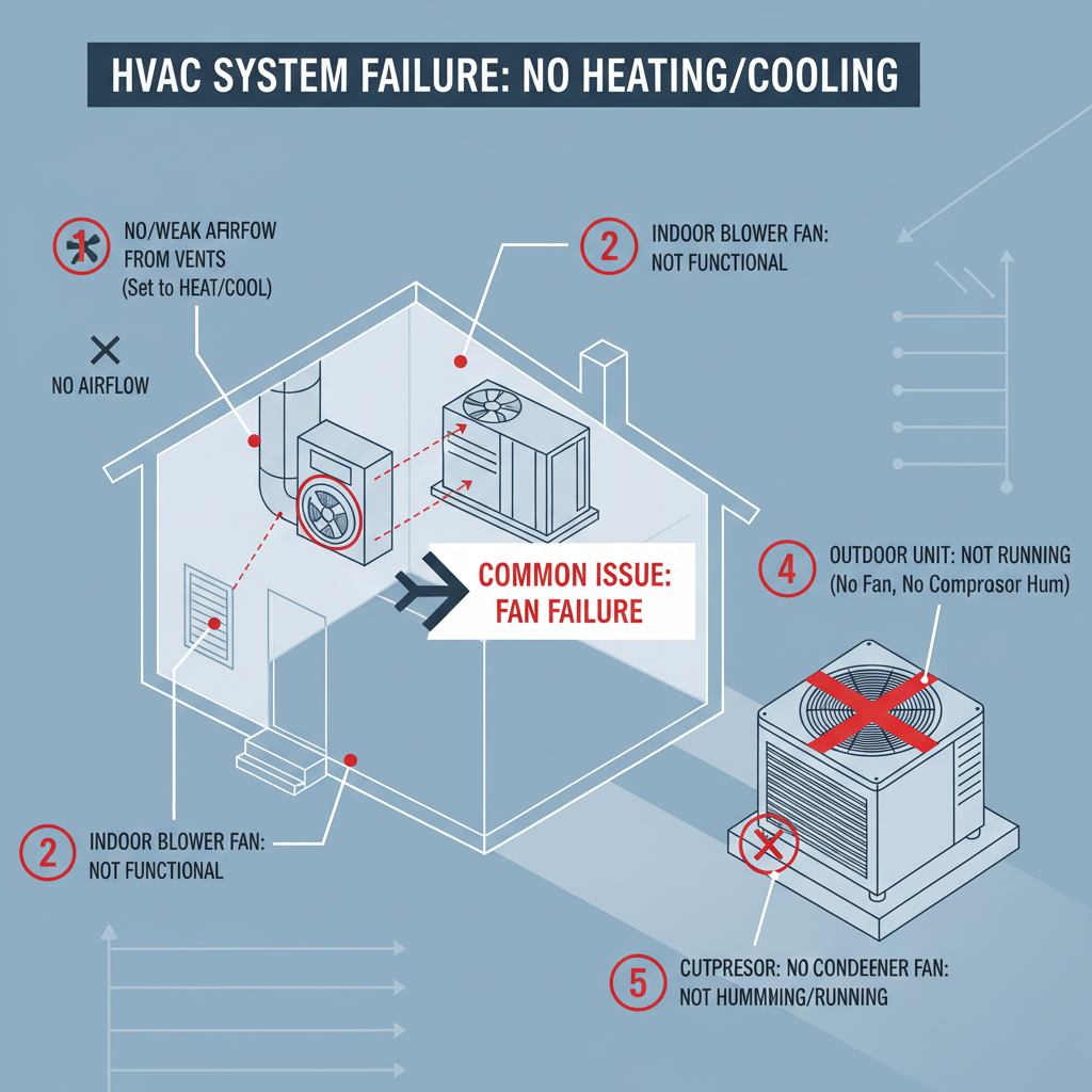 HVAC system not providing heating or cooling due to a non-functional indoor blower fan, outdoor condenser fan, or both. Troubleshooting & Fixes (2024 Guide) visual diagram