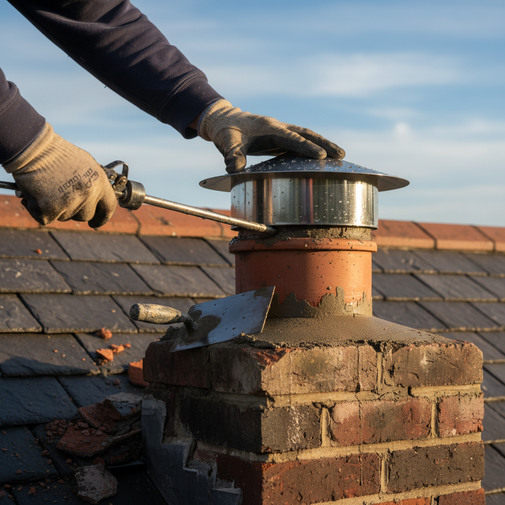 Chimney cap installation, replacement, or repair to prevent common issues like water damage, animal intrusion, and debris accumulation. Troubleshooting & Fixes professional repair detail