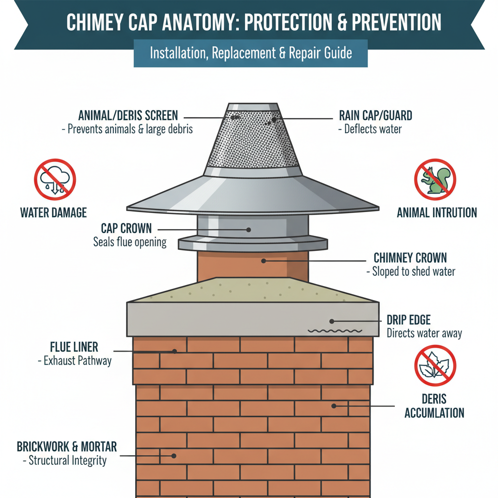 Chimney cap installation, replacement, or repair to prevent common issues like water damage, animal intrusion, and debris accumulation. Troubleshooting & Fixes visual diagram