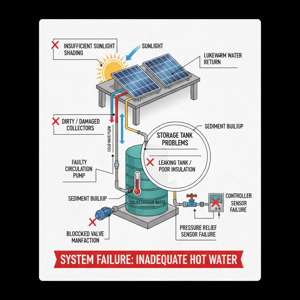 Solar hot water system not heating water adequately, resulting in lukewarm or cold water. Troubleshooting & Fixes visual diagram
