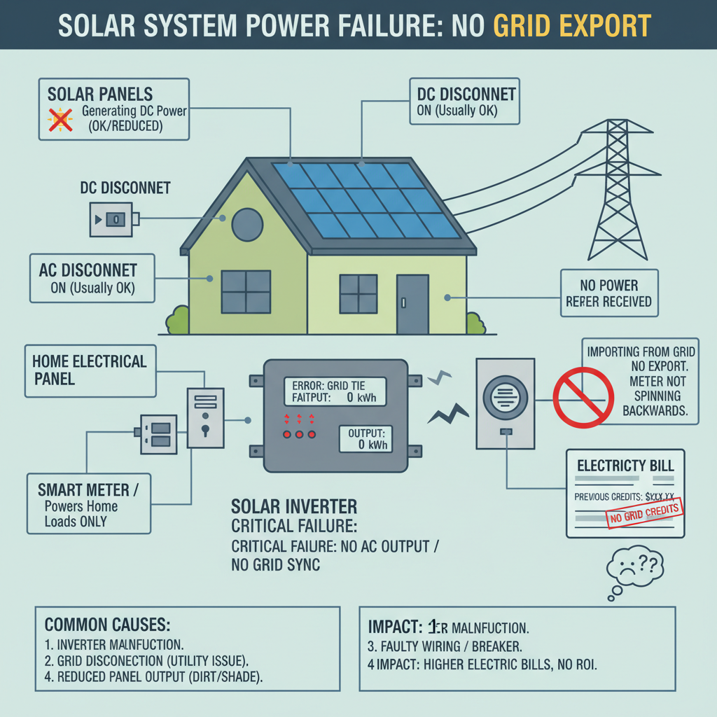 Solar system is not exporting power to the grid, indicating a problem with grid-tie functionality, inverter operation, or overall power generation, leading to reduced or absent electricity bill credits. Troubleshooting & Fixes visual diagram