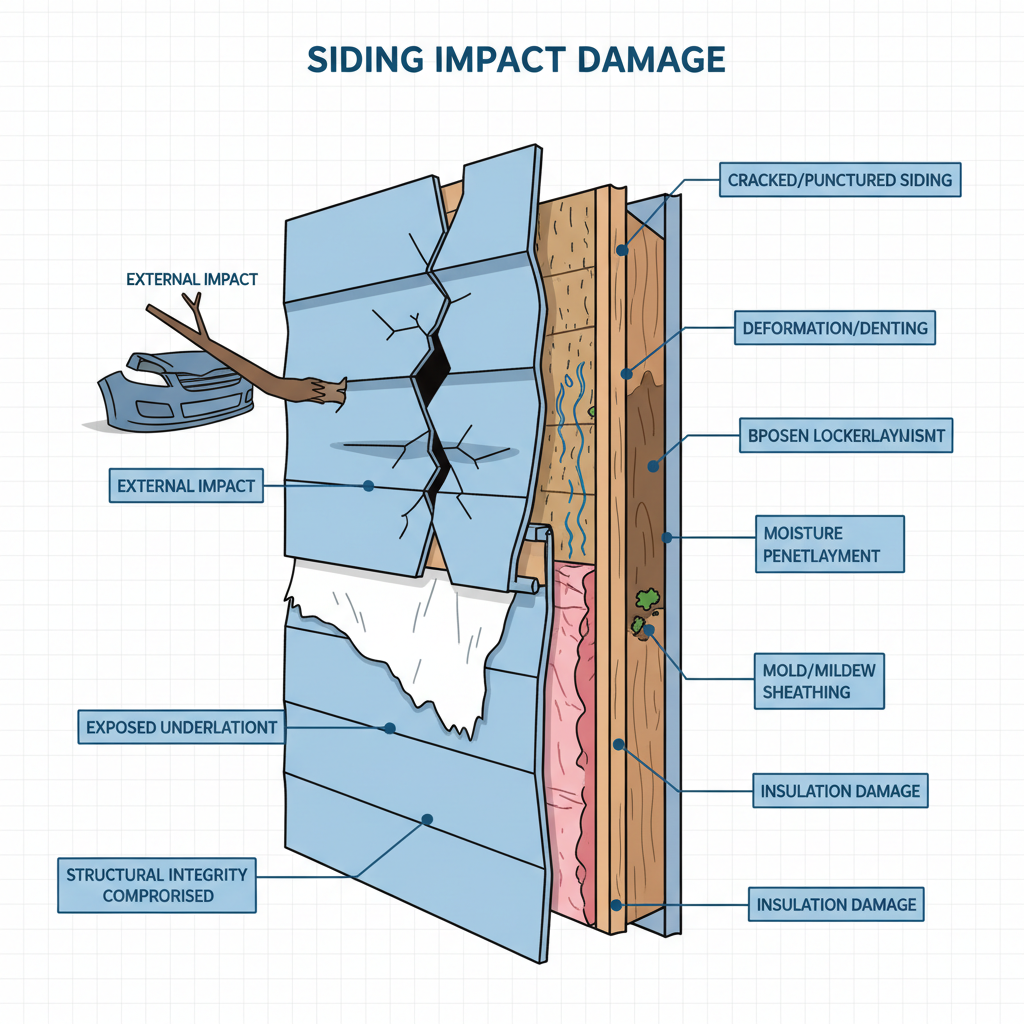 Siding damage due to external impacts like trees or accidents, leading to visible defects and potential structural or moisture issues. Troubleshooting & Fixes visual diagram