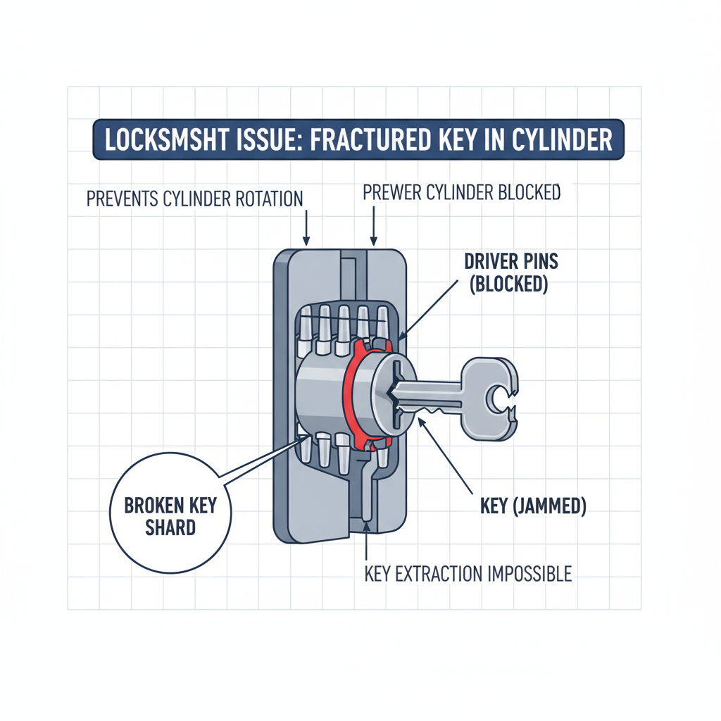 Key broke off inside a door lock cylinder, preventing lock operation or key extraction. Troubleshooting & Fixes visual diagram