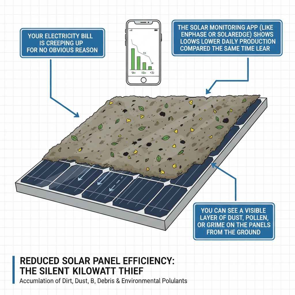 Reduced solar panel efficiency due to accumulation of dirt, dust, pollen, debris, and environmental pollutants. Troubleshooting & Fixes (2024 Guide) visual diagram