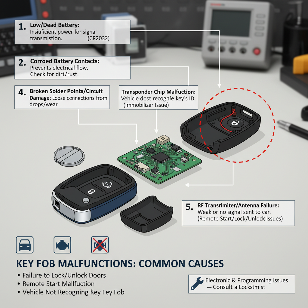 Key fob or car remote not working, including failure to lock/unlock doors, remote start malfunction, or vehicle not recognizing the key fob, often stemming from electronic or programming issues. Troubleshooting & Fixes visual diagram