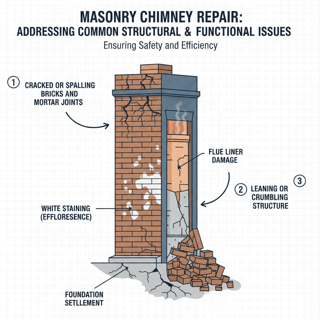 Masonry Chimney Repair: Addressing common structural and functional issues in brick and mortar chimneys to ensure safety and efficiency. Troubleshooting & Fixes (2024 Guide) visual diagram