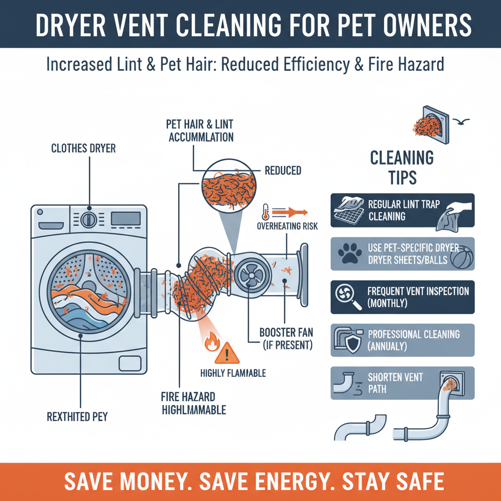 Dryer Vent Cleaning Tips for Pet Owners, focusing on increased lint and pet hair accumulation in dryer vents, leading to reduced efficiency and fire hazards. Troubleshooting & Fixes visual diagram