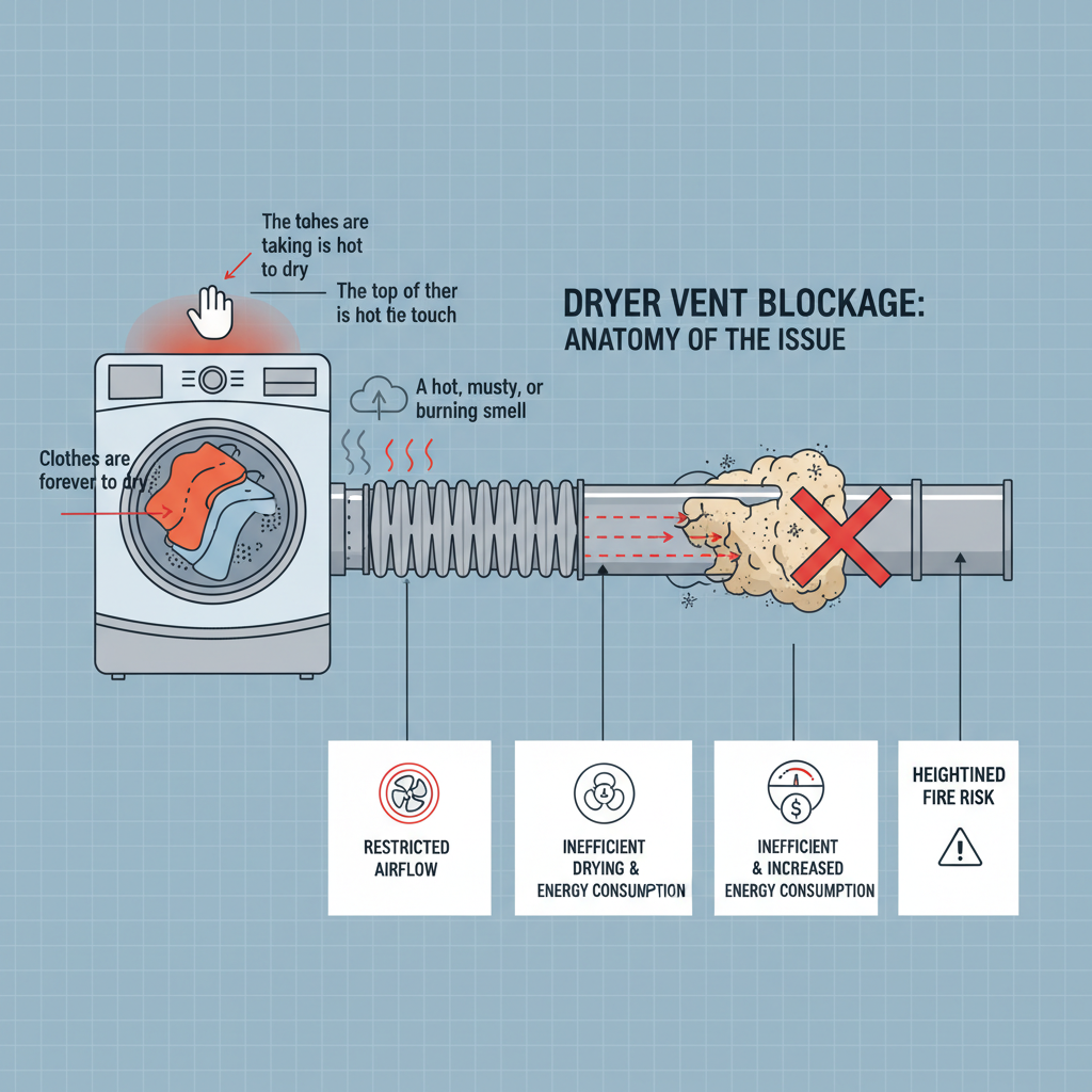 Dryer vent blockages and restricted airflow leading to inefficient drying, increased energy consumption, and heightened fire risk. Troubleshooting & Fixes (2024 Guide) visual diagram