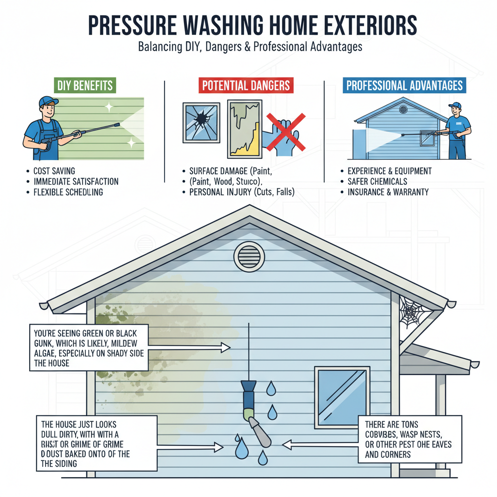 Safe and effective pressure washing for home exterior cleaning, balancing DIY benefits against potential dangers and professional advantages. Troubleshooting & Fixes (2024 Guide) visual diagram