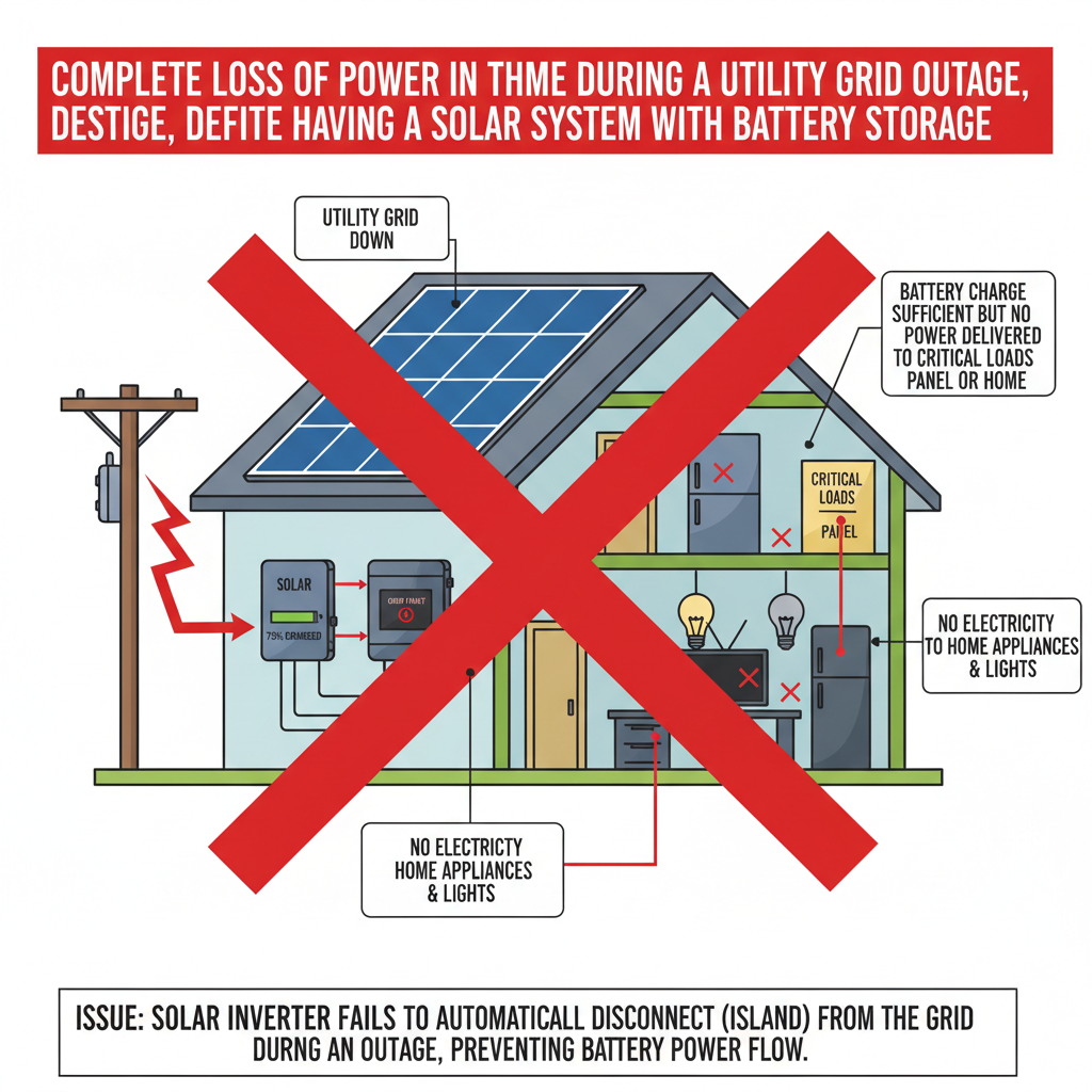 Solar battery backup fails to activate or provide electricity to a home during a utility grid outage, leading to a complete loss of power despite a solar-plus-storage system being installed and expected to operate during an outage. Troubleshooting & Fixes (2024 Guide) visual diagram