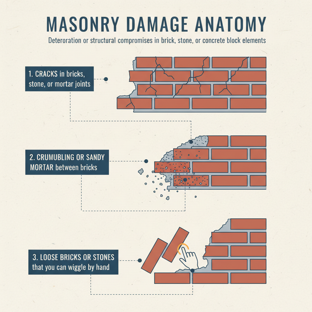 Masonry Damage: This refers to various forms of deterioration or structural compromises in building elements constructed from materials like brick, stone, or concrete blocks. This can include issues with the mortar, the individual units (bricks, stones), or the structural integrity of the masonry assembly. Troubleshooting & Fixes (2024 Guide) visual diagram
