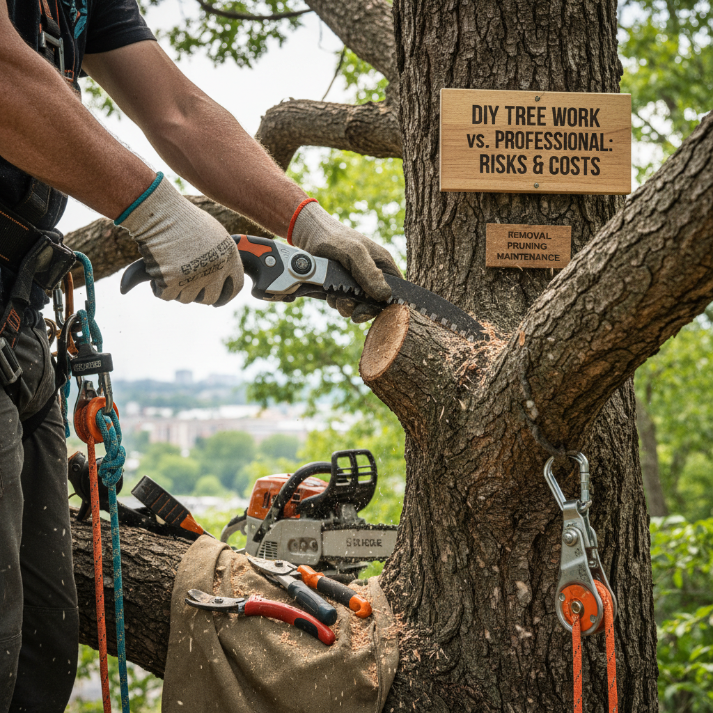 Decision to perform DIY tree work versus hiring professional tree services, encompassing tree removal, pruning, and general maintenance risks and costs. Troubleshooting & Fixes professional repair detail
