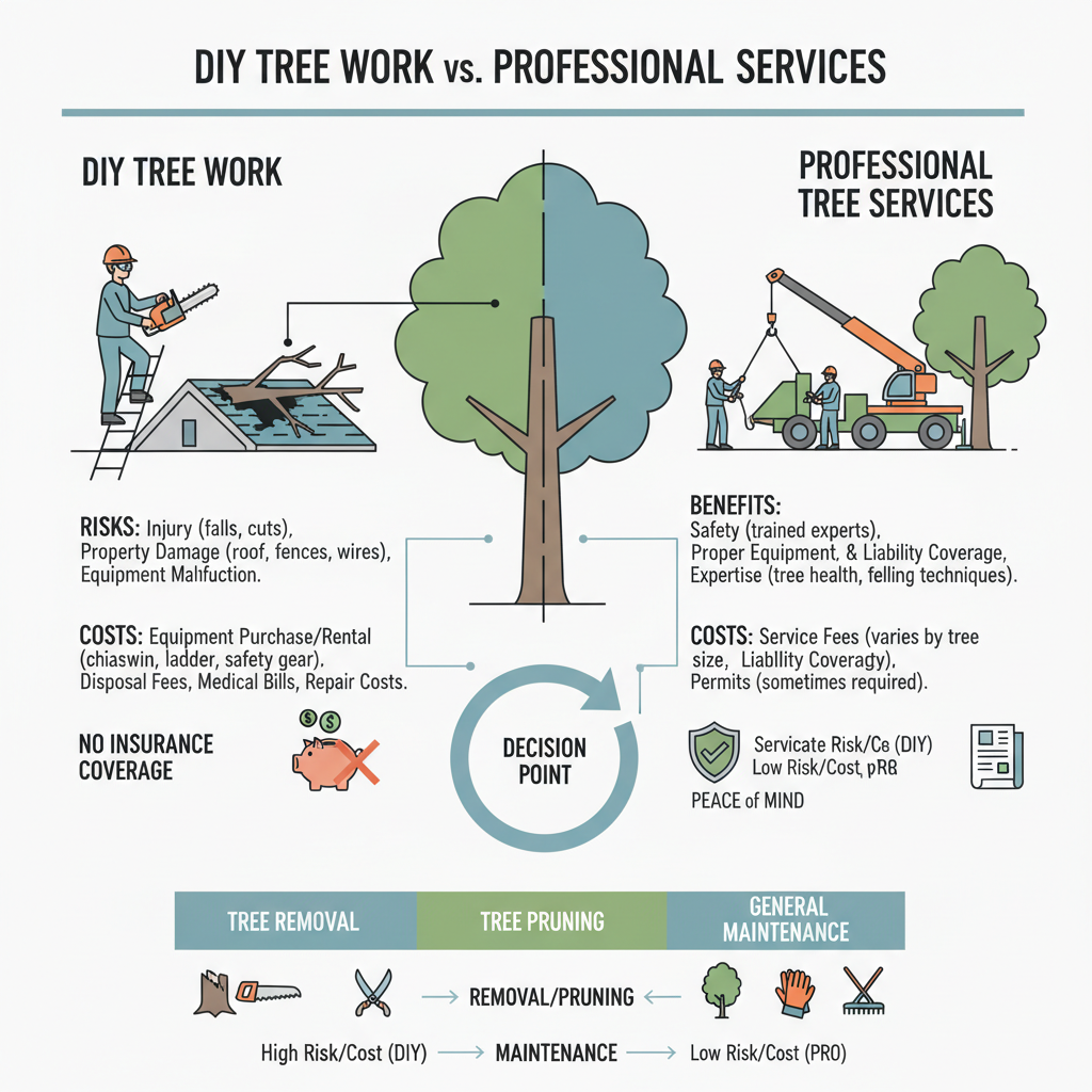 Decision to perform DIY tree work versus hiring professional tree services, encompassing tree removal, pruning, and general maintenance risks and costs. Troubleshooting & Fixes visual diagram