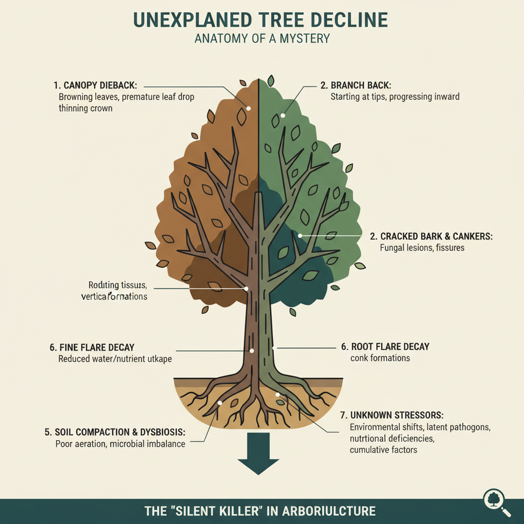 Unexplained tree decline, leading to visible signs of distress or death in trees without an obvious cause. Troubleshooting & Fixes visual diagram