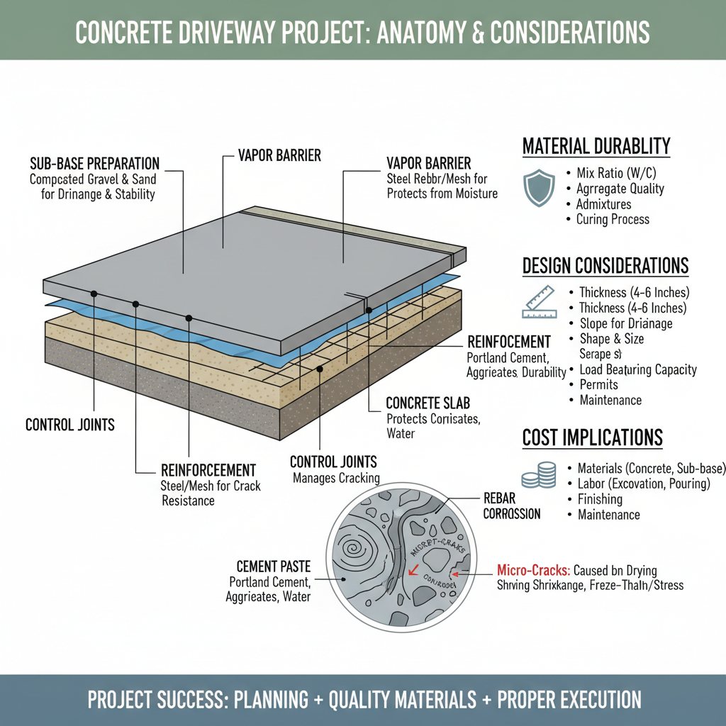 Planning and executing a new concrete driveway project, including understanding material durability, design considerations, and cost implications. Troubleshooting & Fixes visual diagram