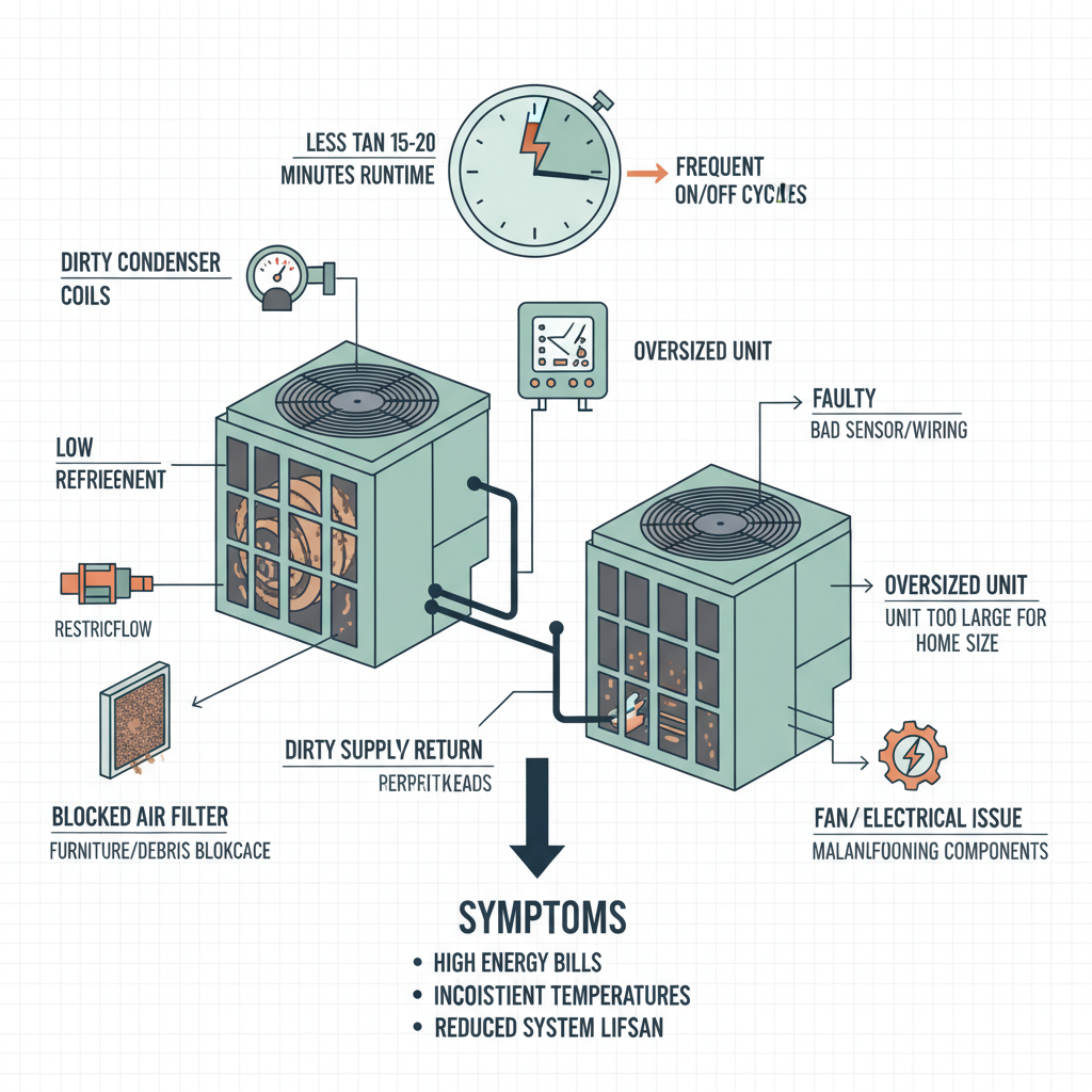 HVAC system short cycling (heat pump or AC unit starts and stops frequently, running for less than 15-20 minutes at a time) Troubleshooting & Fixes visual diagram