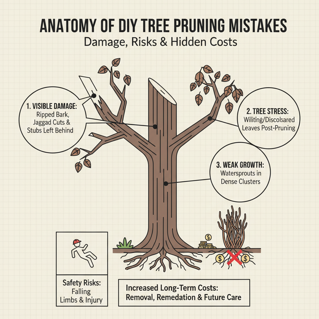 DIY Tree Pruning Gone Wrong (How to Fix the Damage & Not Get Yourself Killed) visual diagram