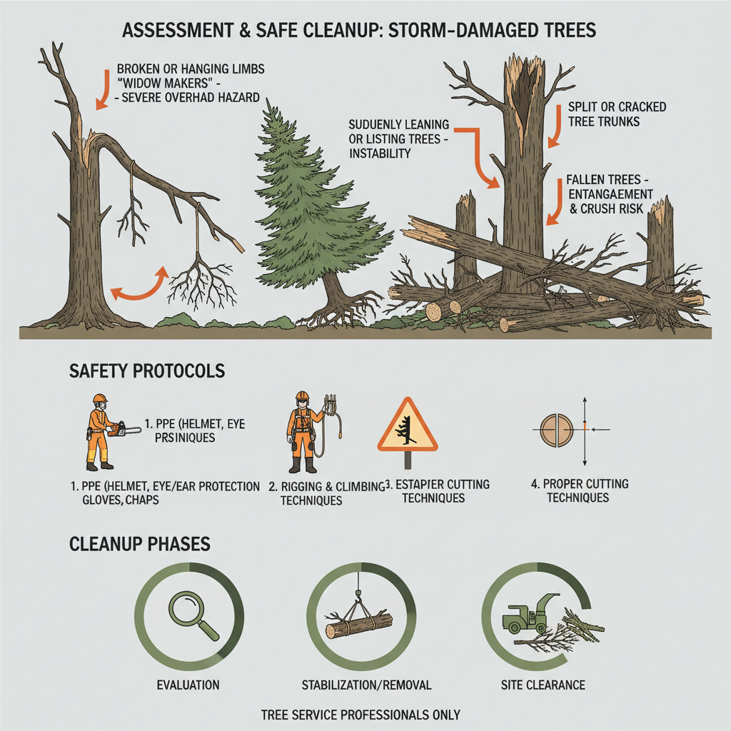 Assessment and safe cleanup of trees damaged by storms, including fallen trees, broken limbs, split trunks, and leaning trees. Troubleshooting & Fixes (2024 Guide) visual diagram