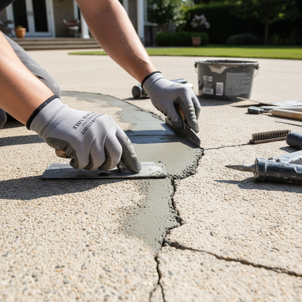 Repairing cracks in concrete patios and driveways, differentiating between DIY and professional approaches based on crack type, severity, and location. Troubleshooting & Fixes (2024 Guide) professional repair detail
