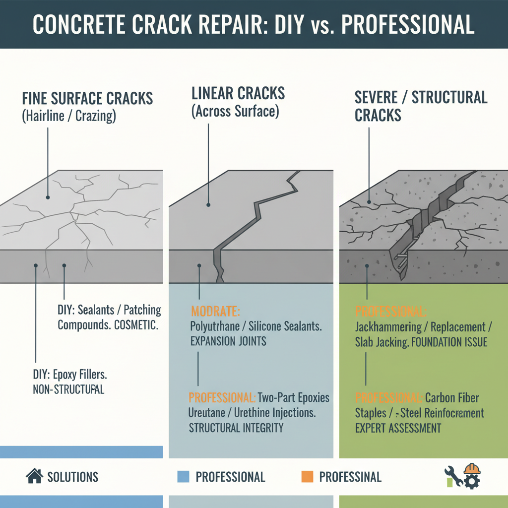 Repairing cracks in concrete patios and driveways, differentiating between DIY and professional approaches based on crack type, severity, and location. Troubleshooting & Fixes (2024 Guide) visual diagram