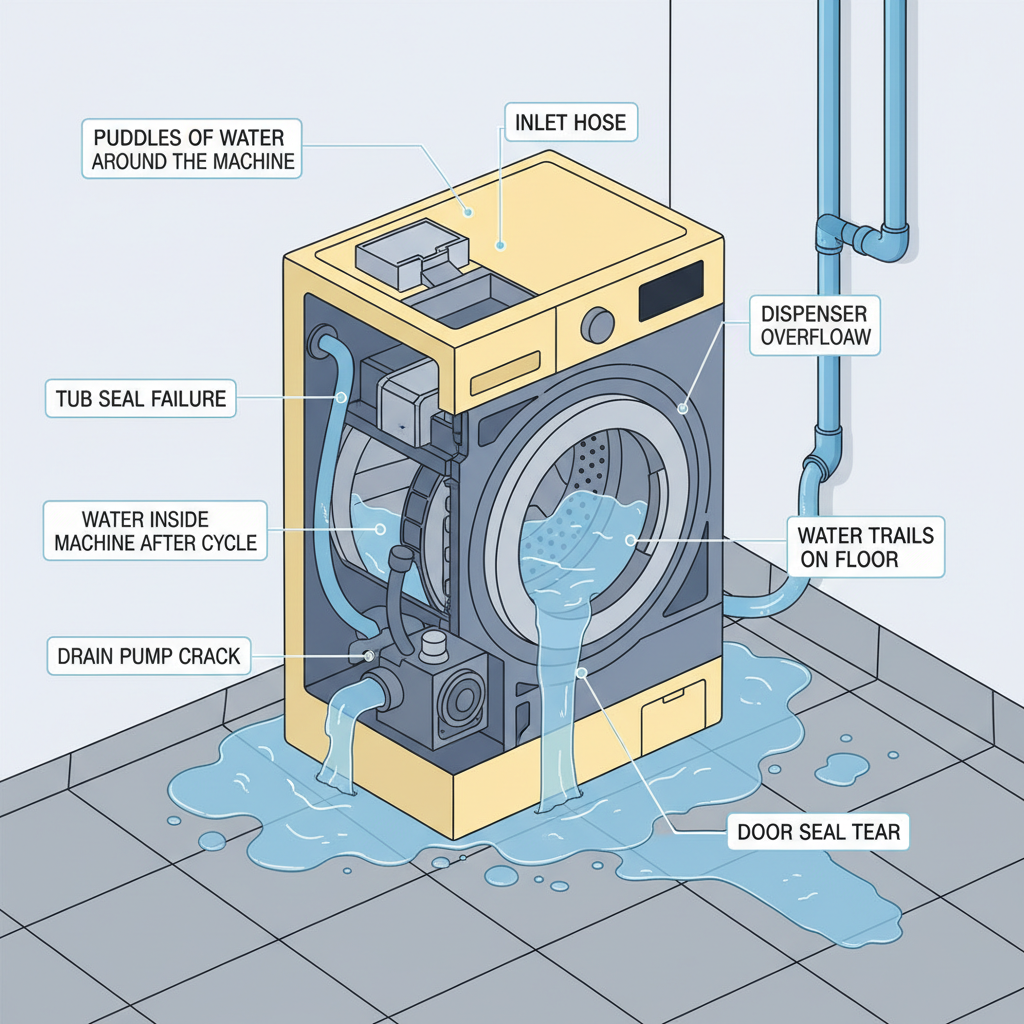 Washing Machine Leaking Water? Here's How to Find and Fix It (Troubleshooting & Fixes) visual diagram