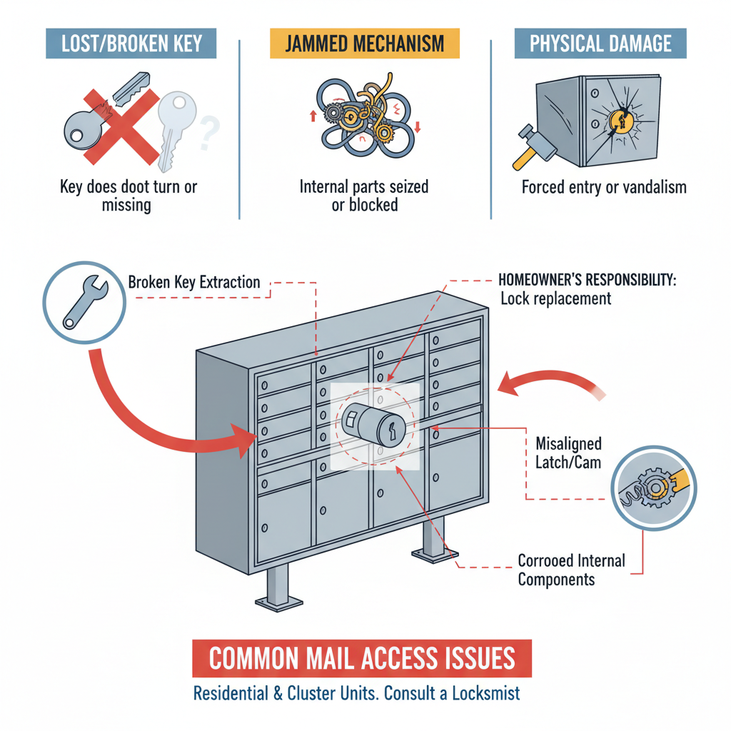 Mailbox lock malfunction or failure, encompassing issues with lost/broken keys, jammed mechanisms, or physical damage preventing access to mail, specifically focusing on residential and cluster mailbox units where the homeowner is responsible for the lock. Troubleshooting & Fixes visual diagram