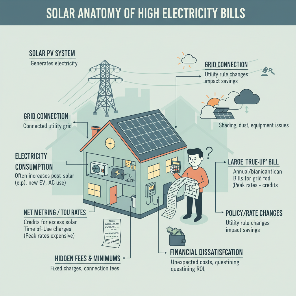 Homeowners with solar panels experiencing unexpectedly high electricity bills, including larger 'true-up' bills, despite having a solar photovoltaic (PV) system installed, leading to financial dissatisfaction and questioning the effectiveness of their solar investment due to factors beyond initial expectations. Troubleshooting & Fixes visual diagram
