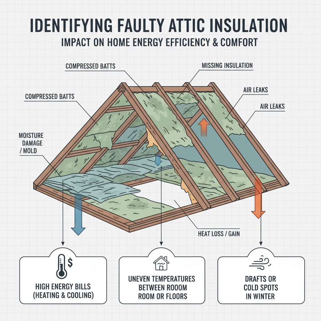 Identifying damaged or ineffective attic insulation, impacting home energy efficiency and comfort. Troubleshooting & Fixes (2024 Guide) visual diagram