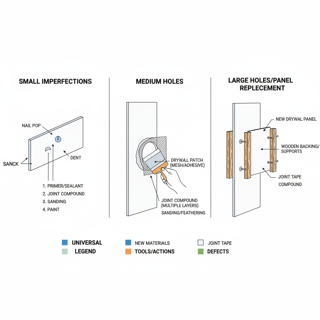 Repairing holes and gaps in drywall, ranging from small nail pops and dents to large holes requiring patching or panel replacement. Troubleshooting & Fixes visual diagram