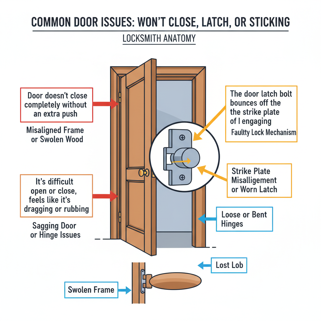 Door Won't Close Right? A Locksmith's Guide to Sticking and Latching Problems (2024 Fixes) visual diagram