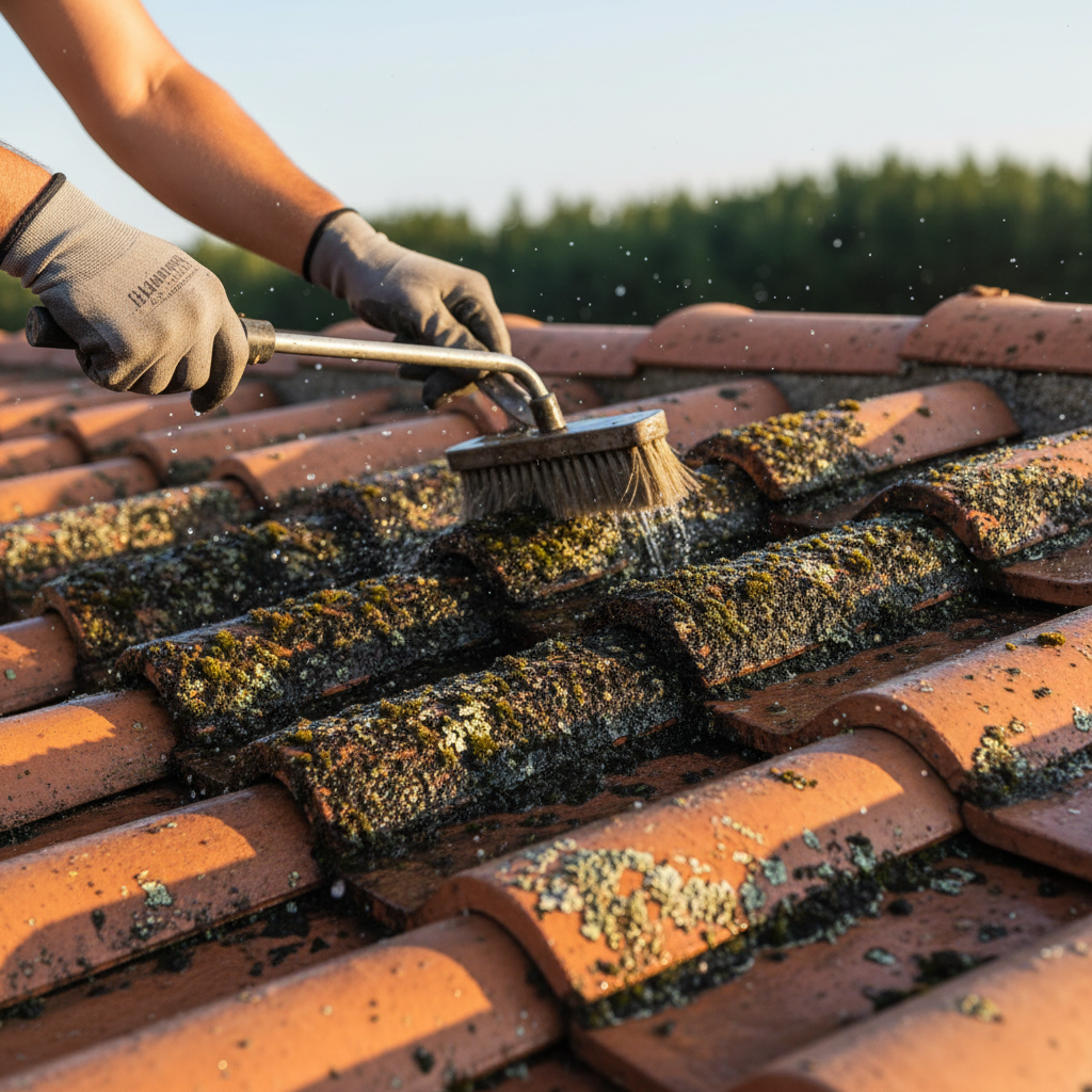 Accumulation of algae, moss, lichen, and general grime on tile roofs, leading to aesthetic degradation and potential material damage, including dark streaks, discoloration, and organic growth. Troubleshooting & Fixes professional repair detail