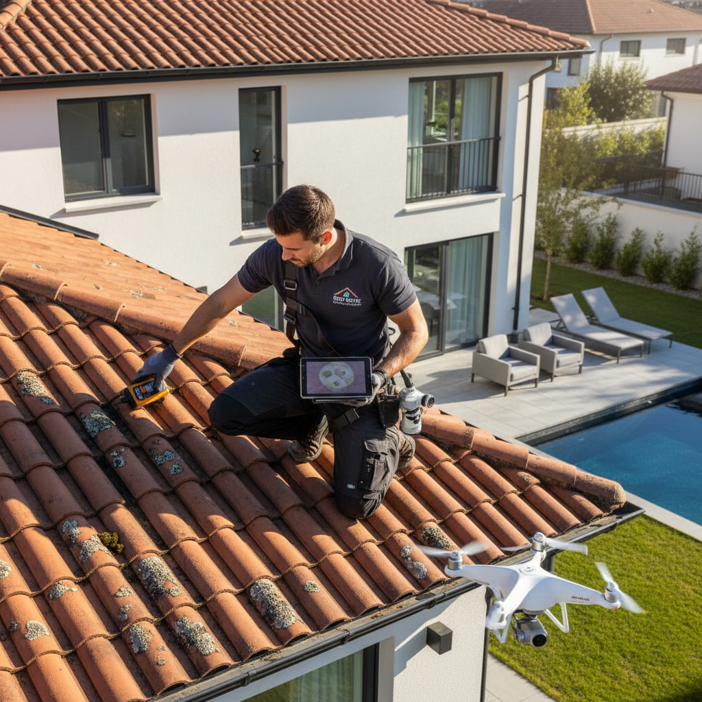 Accumulation of algae, moss, lichen, and general grime on tile roofs, leading to aesthetic degradation and potential material damage, including dark streaks, discoloration, and organic growth. Troubleshooting & Fixes
