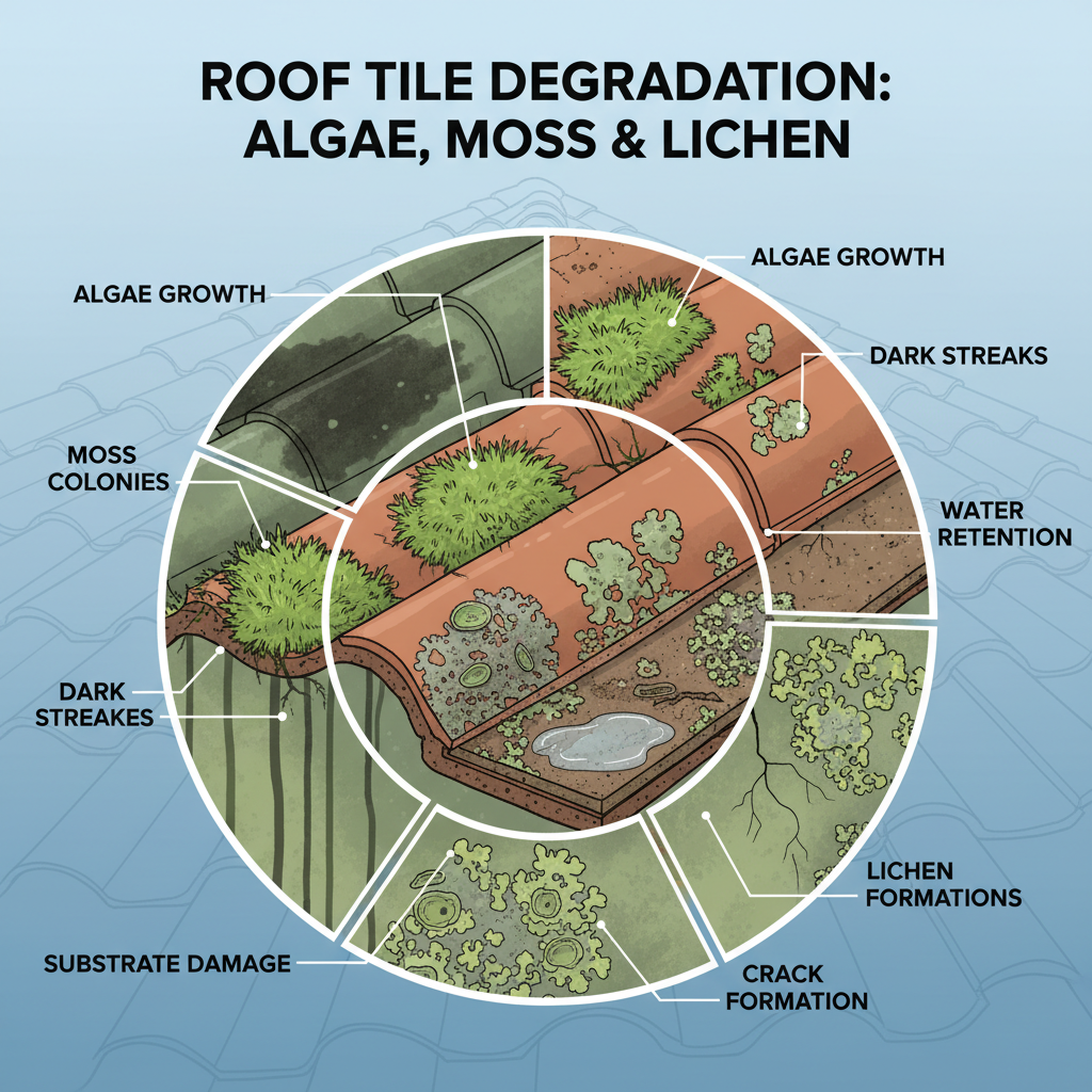 Accumulation of algae, moss, lichen, and general grime on tile roofs, leading to aesthetic degradation and potential material damage, including dark streaks, discoloration, and organic growth. Troubleshooting & Fixes visual diagram