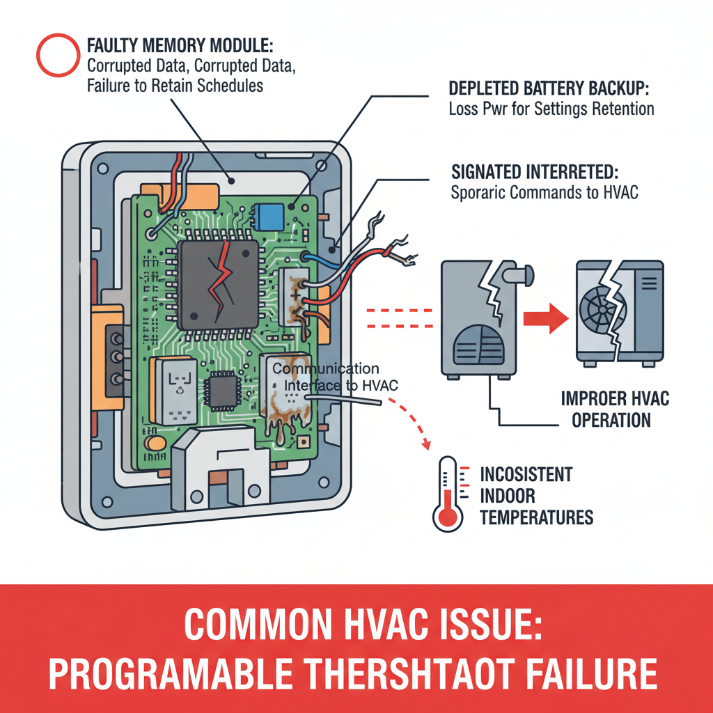 Programmable thermostat fails to retain programmed temperature schedules or settings, resulting in improper HVAC system operation and inconsistent indoor temperatures. Troubleshooting & Fixes visual diagram