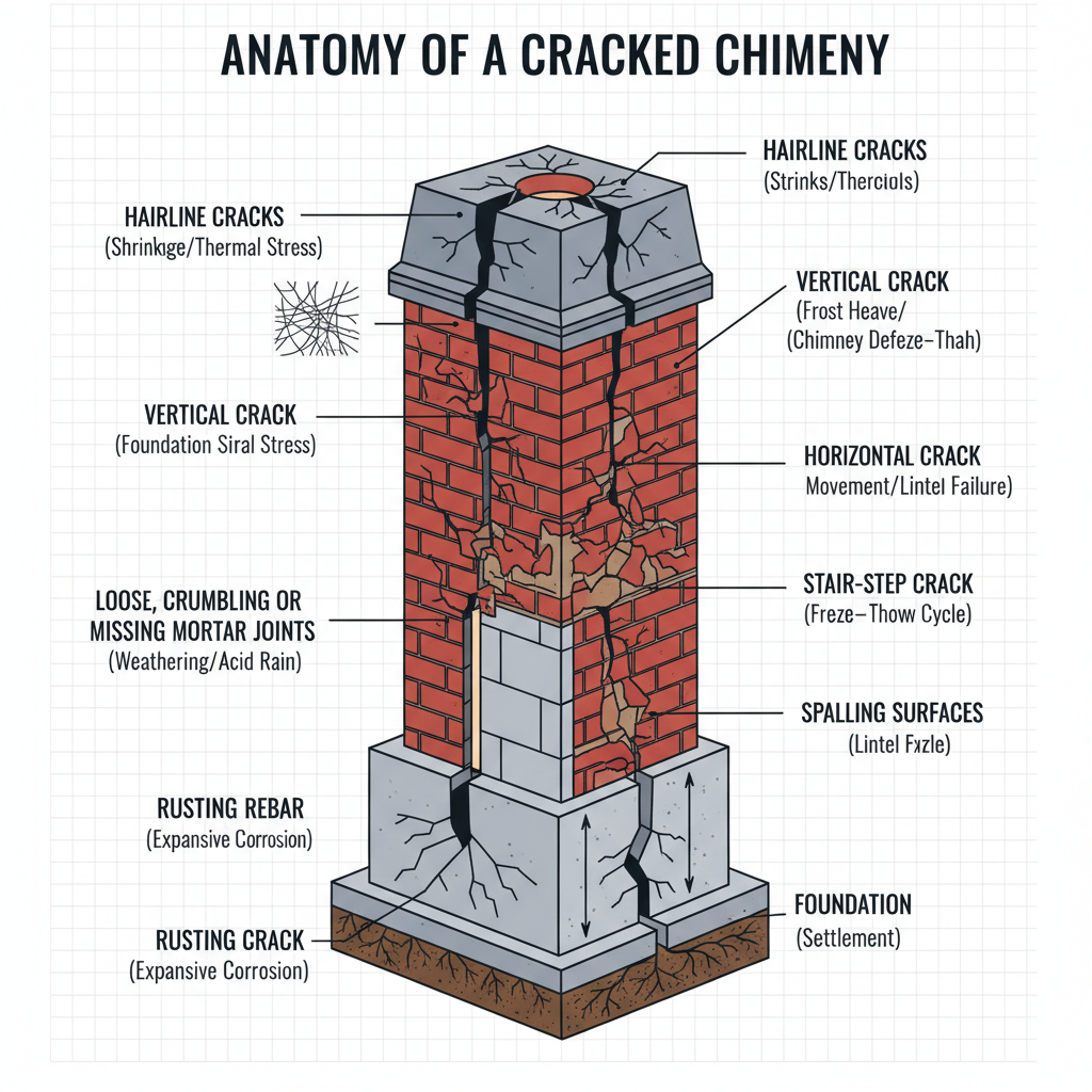 Cracked brick chimneys, including various types of cracks (horizontal, vertical, hairline, stair-step) and their causes. Troubleshooting & Fixes (2024 Guide) visual diagram