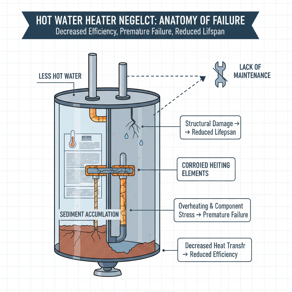 Lack of hot water heater maintenance leading to decreased efficiency, premature failure, and reduced lifespan Troubleshooting & Fixes visual diagram