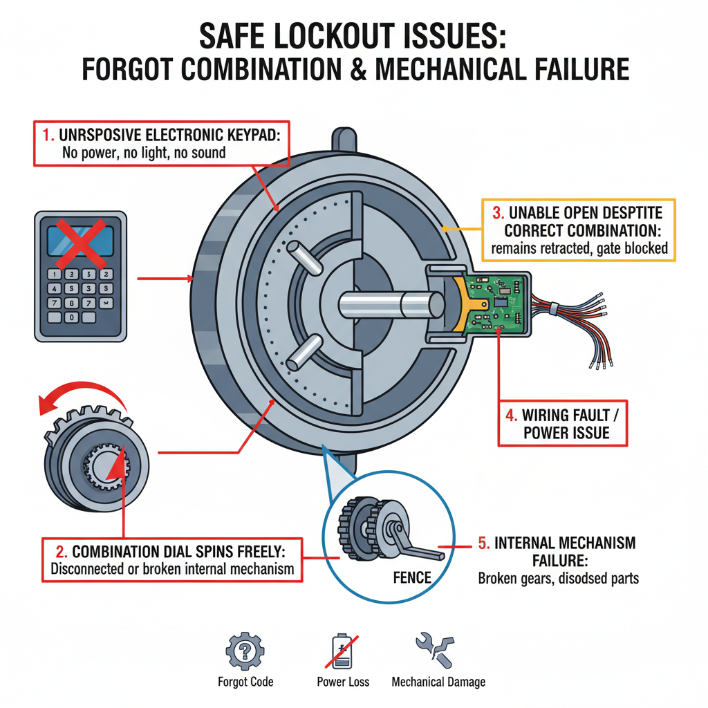Safe Lock Not Opening & Forgot Combination (Troubleshooting & Fixes) visual diagram