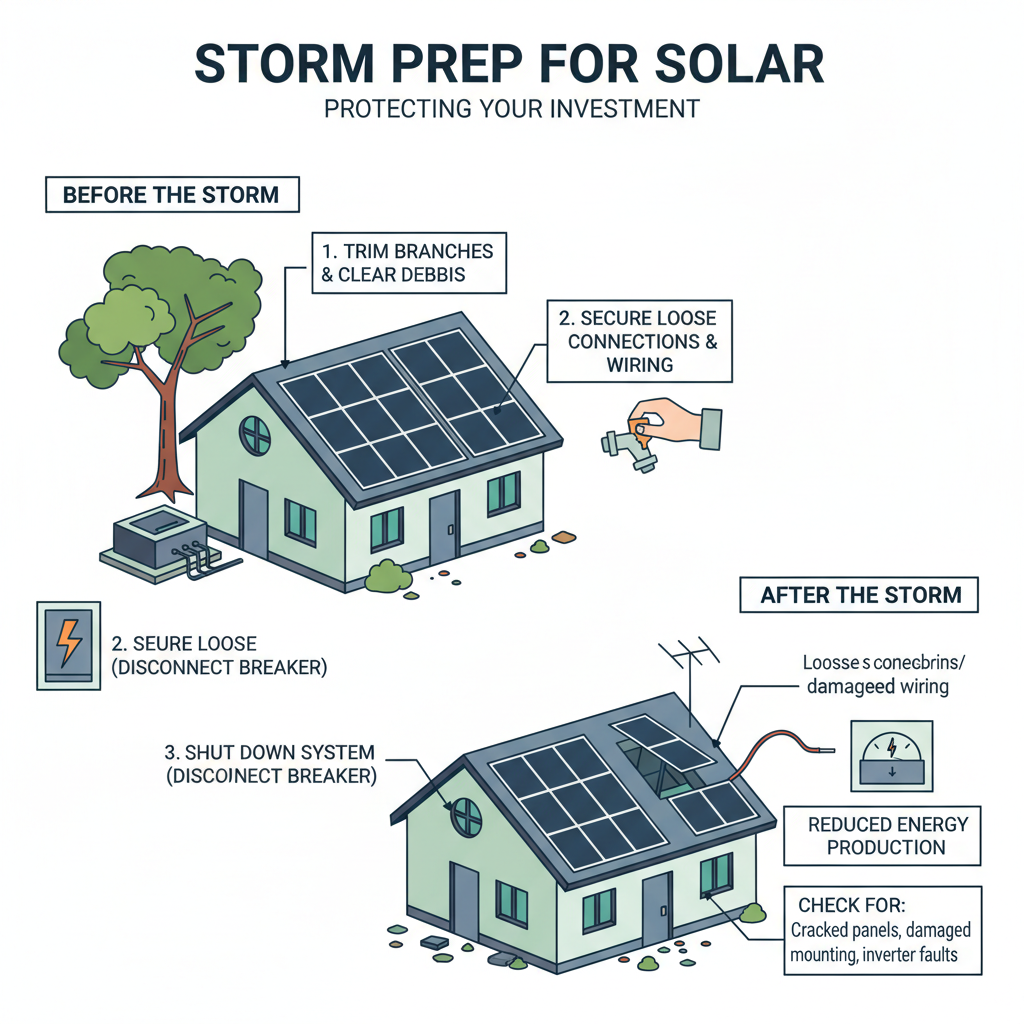 Preparing a Solar Panel System for a Hurricane or Severe Storm to Prevent Damage and Ensure Safety. Troubleshooting & Fixes (2024 Guide) visual diagram